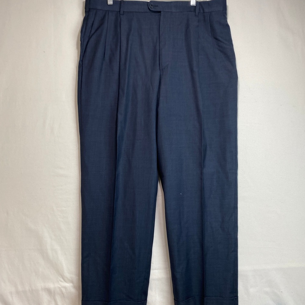 Zanella Austin Mens 38 37x29 Navy Blue 100% Virgin Wool Pleated Cuffed Pants
